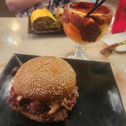 Cali Burrito pastrami burger Mango Margarita. Cali Burrito pastrami burger Mango Margarita.