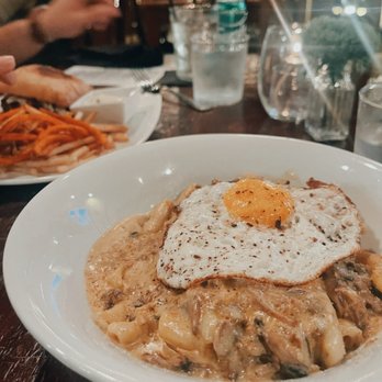 House Wine & Bistro - Duck ziti, smoked gouda, aged cheddar, wild mushrooms, duck confit, fried duck egg - Wine Bars Near Me - McAllen, Texas House Wine & Bistro - Duck ziti, smoked gouda, aged cheddar, wild mushrooms, duck confit, fried duck egg - Wine Bars Near Me - McAllen, Texas