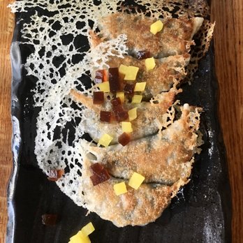 O'Kims - Truffle Mandoo: Dumpling stuffed w/mushrooms, yellow squash, zucchini, black & white truffle paste, shoyu jelly & pickled daikon - Korean Near Me - Honolulu, Hawaii