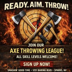 Smashin' Good Time - Axe Throwing. Axe League. All Skill Levels Welcome. Join Now! All Ages Welcome. Smashin Good Time