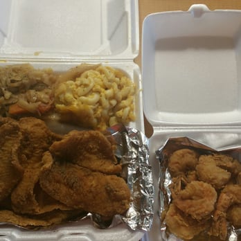 Delicious Dishes - Large flounder dinner with cabbage and Mac and cheese and a small fried shrimp - Caribbean Near Me - Edgewater Park, New Jersey