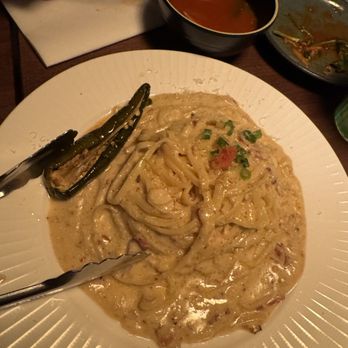 Adam's Chicken & Pocha - bacon scallion cream pasta - Korean Near Me - Flushing, New York Adam's Chicken & Pocha - bacon scallion cream pasta - Korean Near Me - Flushing, New York