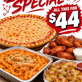 Anthonys Pizza - Sunday Football Special! Large Cheese Pizza, 10 Wings, 1/3 Tray Penne Vodka & 12 Garlic Knots--all for $44. Order for pickup or delivery! - Pizza Near Me - East Rockaway, New York Anthonys Pizza - Sunday Football Special! Large Cheese Pizza, 10 Wings, 1/3 Tray Penne Vodka & 12 Garlic Knots--all for $44. Order for pickup or delivery! - Pizza Near Me - East Rockaway, New York