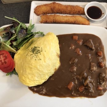 Marulilu Cafe - Curry omurice with a side of ebi fry - Cafes Near Me - Vancouver, British Columbia
