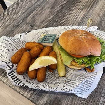 Mama Easley's - Crab cake sandwich and hush puppies - Seafood Near Me - Corolla, North Carolina Mama Easley's - Crab cake sandwich and hush puppies - Seafood Near Me - Corolla, North Carolina