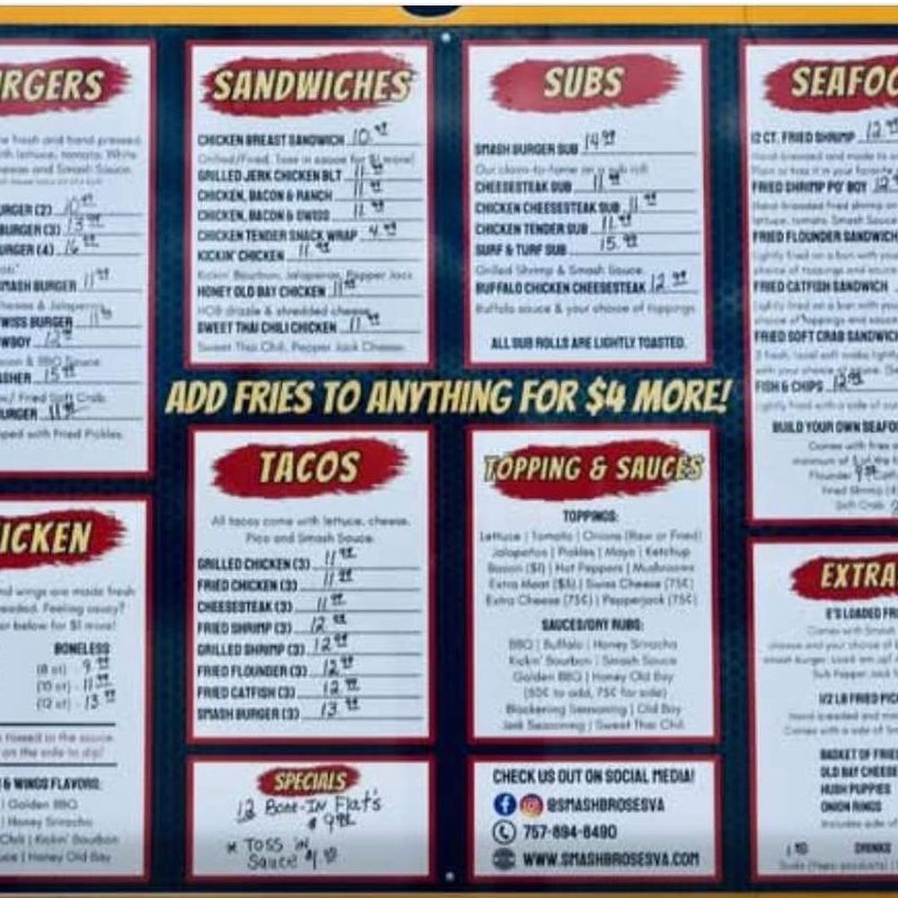 Smash Bros - Menu as of 6/2026 - Seafood Near Me - Chincoteague, Virginia Smash Bros - Menu as of 6/2026 - Seafood Near Me - Chincoteague, Virginia