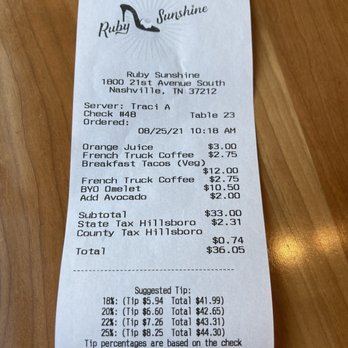 Ruby Sunshine Nashville - Our receipt - Breakfast & Brunch Near Me - Nashville, Tennessee Ruby Sunshine Nashville - Our receipt - Breakfast & Brunch Near Me - Nashville, Tennessee