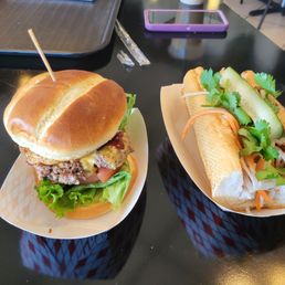 Lechon BBQ burger and chicken bahn mi