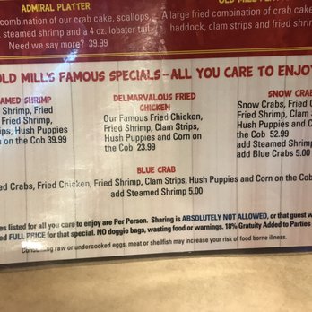 Old Mill Crab House - BUFFFFFFEEETTT MMMEEENU PRICES!!!! THIS IS THE MOST IMPORTANT PICTURE!!!!! RIGHT HERE WHERE NO ONE ELSE DECIDED TO POST!!!! - Seafood Near Me - Delmar, Delaware Old Mill Crab House - BUFFFFFFEEETTT MMMEEENU PRICES!!!! THIS IS THE MOST IMPORTANT PICTURE!!!!! RIGHT HERE WHERE NO ONE ELSE DECIDED TO POST!!!! - Seafood Near Me - Delmar, Delaware