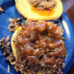 Dink's Pit Bar-B-Que - Chopped Brisket sandwich and Dink's sauce