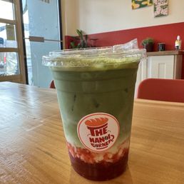 iced strawberry matcha latte with oat milk iced strawberry matcha latte with oat milk