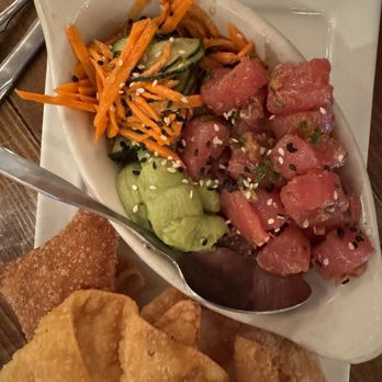 Last Chair Kitchen & Bar - Ahi poke with guacamole-wasabi and wontons - New American Near Me - Whitefish, Montana Last Chair Kitchen & Bar - Ahi poke with guacamole-wasabi and wontons - New American Near Me - Whitefish, Montana