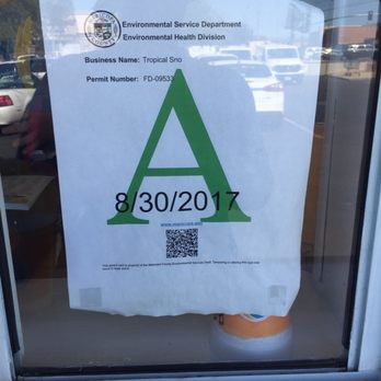 Tropical Sno - Look at that "A" rating from county health services. Yasss! - Ice Cream & Frozen Yogurt Near Me - Phoenix, Arizona