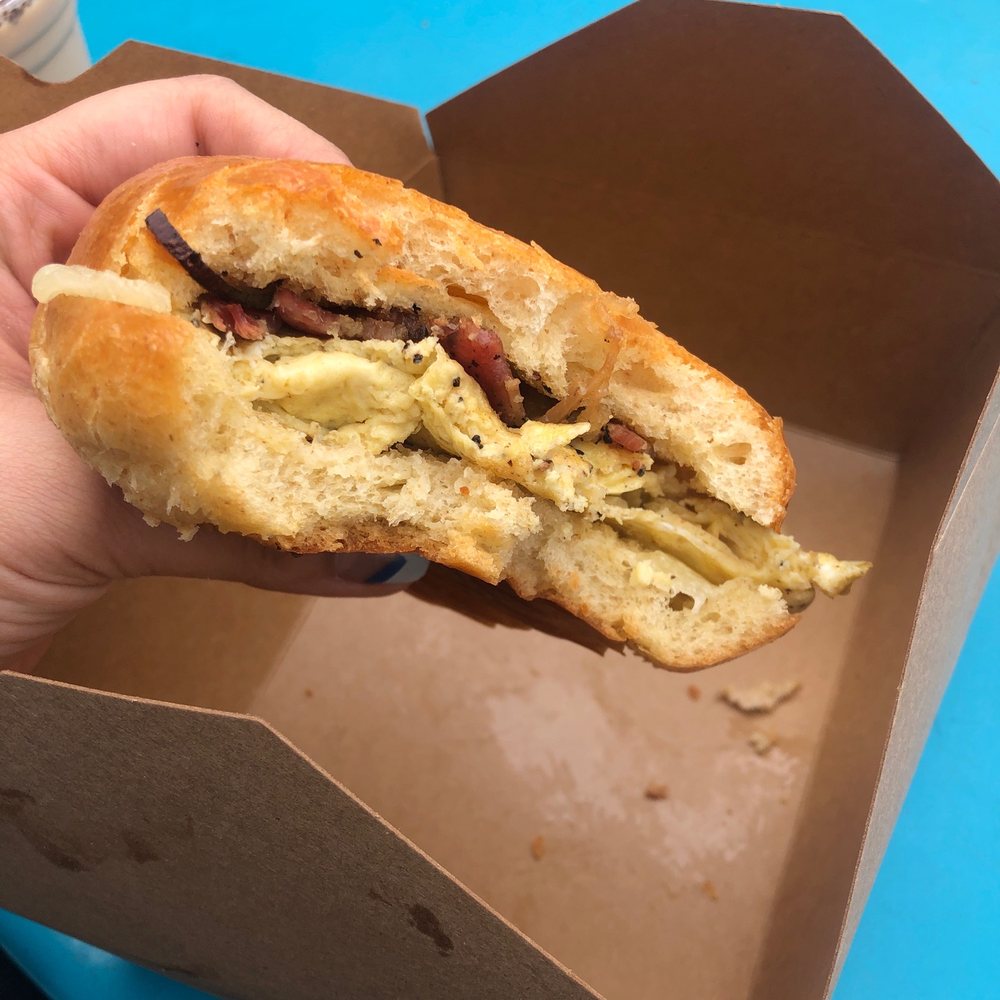 Cafe Erzulie - $8 breakfast sandwich with no bell peppers or onions. The sweet bacon is delicious but the egg to bread ratio is totally off. - Bars Near Me - Brooklyn, New York Cafe Erzulie - $8 breakfast sandwich with no bell peppers or onions. The sweet bacon is delicious but the egg to bread ratio is totally off. - Bars Near Me - Brooklyn, New York