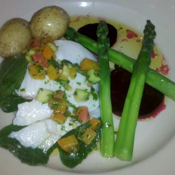 Chez Panisse - 052812: Northern halibut baked in a fig leaf with asparagus, new potatoes, and cucumber and beet relish... - New American Near Me - Berkeley, California Chez Panisse - 052812: Northern halibut baked in a fig leaf with asparagus, new potatoes, and cucumber and beet relish... - New American Near Me - Berkeley, California