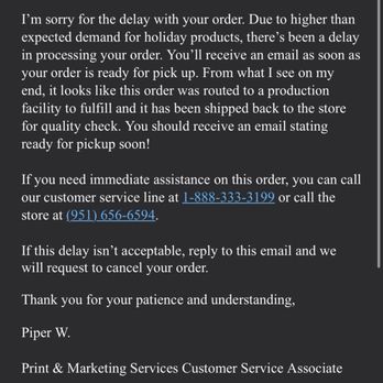 Staples - Customer service email stating I would get an email when my order is ready since - Shipping Centers Near Me - Riverside, California