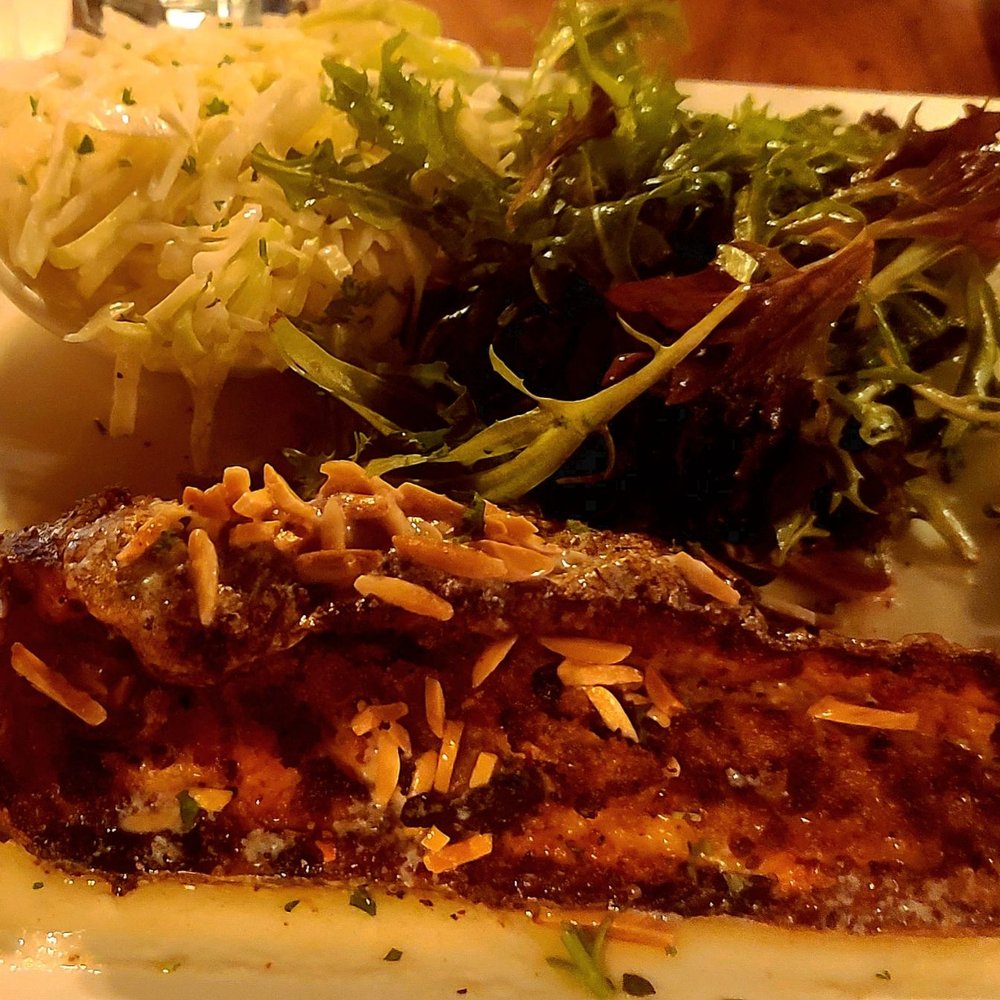 The Creek House Grill - Stuffed local beaver creek trout stuffed with apples and slivered almonts. The salad dressing was maple-flavored. - American Near Me - Callicoon, New York The Creek House Grill - Stuffed local beaver creek trout stuffed with apples and slivered almonts. The salad dressing was maple-flavored. - American Near Me - Callicoon, New York