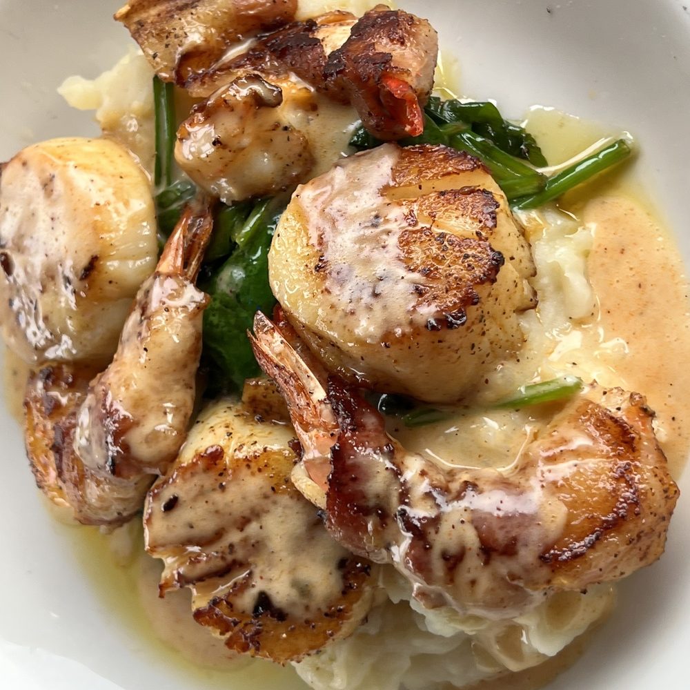 Fish City Grill - Seared Georges Bank Scallops & Applewood Bacon Wrapped Shrimp. Recommend!!!!! - Seafood Near Me - Burleson, Texas