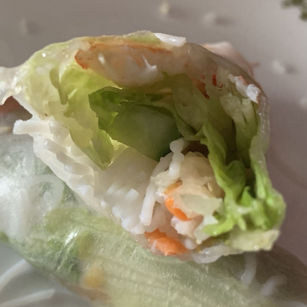Le Pho - Interior of fresh spring roll with shrimp. Hardly any rice noodles, lots of lettuce and cucumber. - Vietnamese Near Me - Berkeley, California