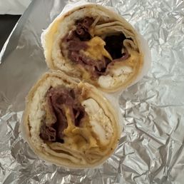 Wrap with egg whites, pastrami, cheese