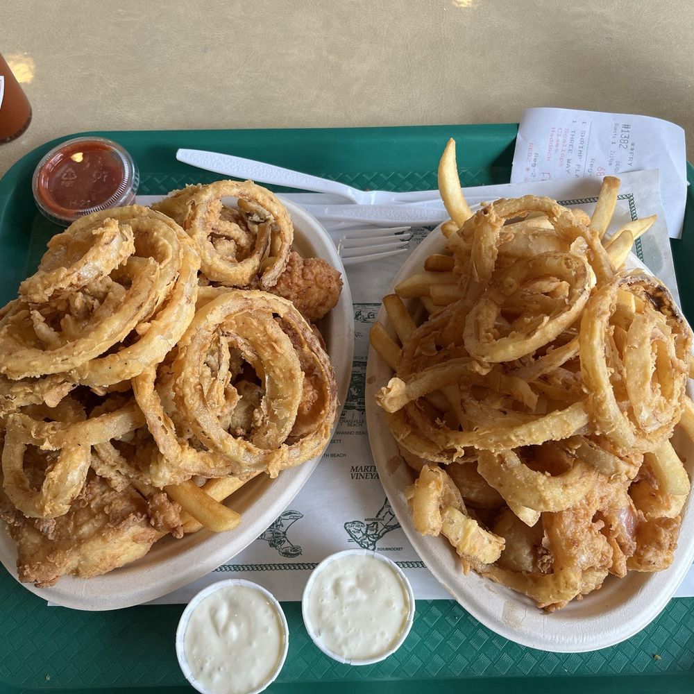 Kream N Kone - Fried shrimp platter and a the 3-Item Platter which was Fried scallops fish and whole belly clams.. with fries and onion rings - Seafood Near Me - West Dennis, Massachusetts Kream N Kone - Fried shrimp platter and a the 3-Item Platter which was Fried scallops fish and whole belly clams.. with fries and onion rings - Seafood Near Me - West Dennis, Massachusetts