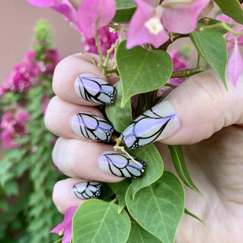 Slain Studios - Chrome Coffin Aprés Gel X with freestyle hand painted butterfly wings by @nailsby.vika - Nail Salons Near Me - Phoenix, Arizona