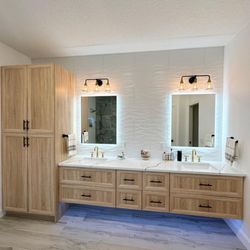Custom floating vanity with Linen tower!