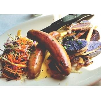 Meddlesome Moth - Dogfish head brat with pickled veggie slaw and purple potatoes - Bars Near Me - Dallas, Texas Meddlesome Moth - Dogfish head brat with pickled veggie slaw and purple potatoes - Bars Near Me - Dallas, Texas