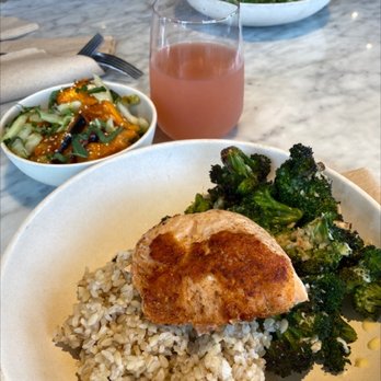 Flower Child - Salmon, brown rice, Roasted Broccoli, and sweet Red Chile Glazed Sweet Potato - Salad Near Me - Addison, Texas
