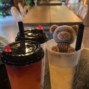 Leafy - Lychee tea with milk tea bear and strawberry soda with peach popping pearls - Asian Fusion Near Me - Pembroke Pines, Florida
