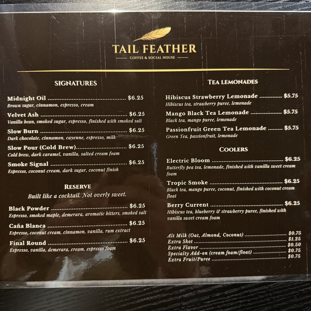 Cock'D Firearms - The menu for Tail Feather coffee - Guns & Ammo Near Me - Minneola, Florida Cock'D Firearms - The menu for Tail Feather coffee - Guns & Ammo Near Me - Minneola, Florida