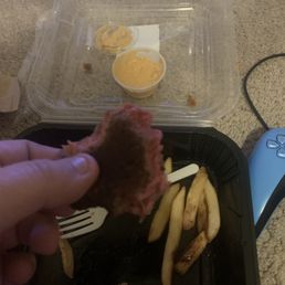 Steak, fries, fork, no knife anywhere! Steak, fries, fork, no knife anywhere!