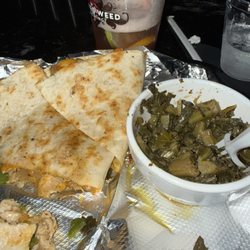 Urban Pub - Chicken Quesadillas and what's left of mixed greens and a cocktail.