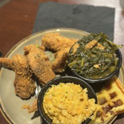 Soul food plate with greens and Gouda Mac and cheese
