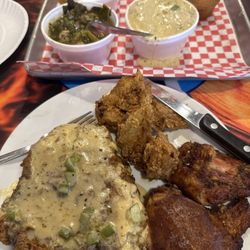 Super Soulful Sunday looks spectacular!! Smothered pork chop, fried chicken, and smoked chicken.