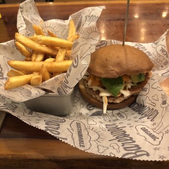 Bareburger - Bayside - Fries & turkey burger with gluten free bun, avocado, slaw, and sriracha mayo - Burgers Near Me - New York, New York Bareburger - Bayside - Fries & turkey burger with gluten free bun, avocado, slaw, and sriracha mayo - Burgers Near Me - New York, New York