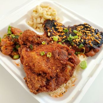 Ai Pono Cafe - Da Spicy Plate - Chili Pepper Guava Chicken, Korean Chicken, Spicy Ahi Poke, Mac salad, and Hapa rice. Is this worth 18 dollars? YES! - Asian Fusion Near Me - Costa Mesa, California