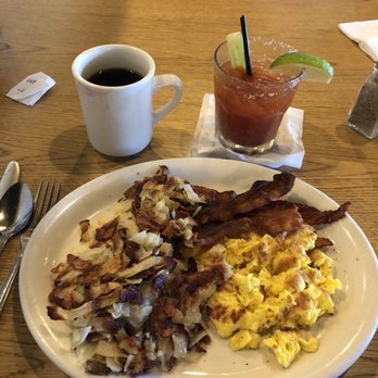The Brig Restaurant - The #2 deal: 2 eggs, 2 bacon, 2 slices of toast (not in pix) with a side of hash browns. Black coffee and Bloody Mary - Breakfast & Brunch Near Me - Dana Point, California The Brig Restaurant - The #2 deal: 2 eggs, 2 bacon, 2 slices of toast (not in pix) with a side of hash browns. Black coffee and Bloody Mary - Breakfast & Brunch Near Me - Dana Point, California