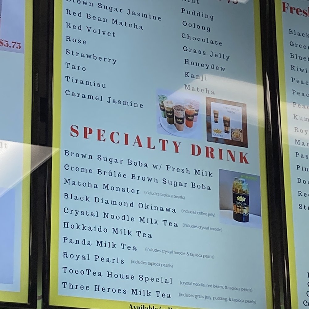 TOCOTEA - Specialty drink menu close up - Bubble Tea Near Me - Union City, California TOCOTEA - Specialty drink menu close up - Bubble Tea Near Me - Union City, California