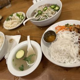 Clockwise: Pho Do Bien (seafood), Pho Bo (beef), Grilled Lemongrass Chicken, stolen broth Clockwise: Pho Do Bien (seafood), Pho Bo (beef), Grilled Lemongrass Chicken, stolen broth