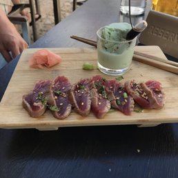 Beautiful tuna with wasabi ice cream and gorgeous chopsticks presented out of a lovely box by our server.