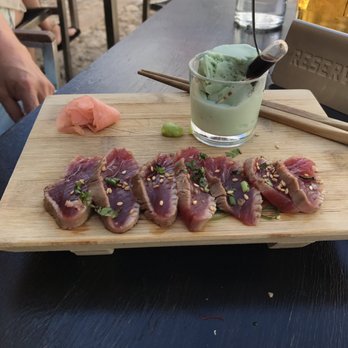 De Locos - Beautiful tuna with wasabi ice cream and gorgeous chopsticks presented out of a lovely box by our server. - Tapas Bars Near Me - Ronda, Massachusetts