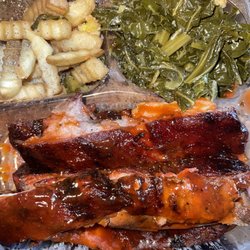 Hogs On the Hill - Barbecue Platter Greens & Fries Delicious!