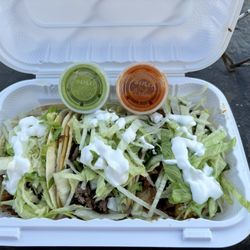 Taqueria Movil - Three tacos. Al Pastor, Carnitas, Chorizo