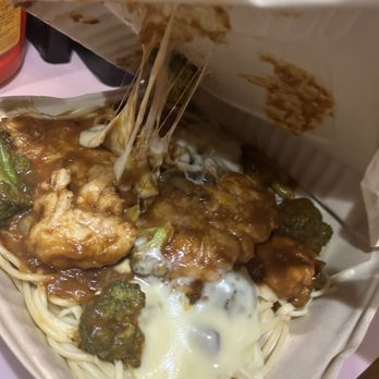 Crystal Diner - Chicken and pasta meal in a collapsed box with everything stuck to the top - Diners Near Me - Edgewater Park, New Jersey