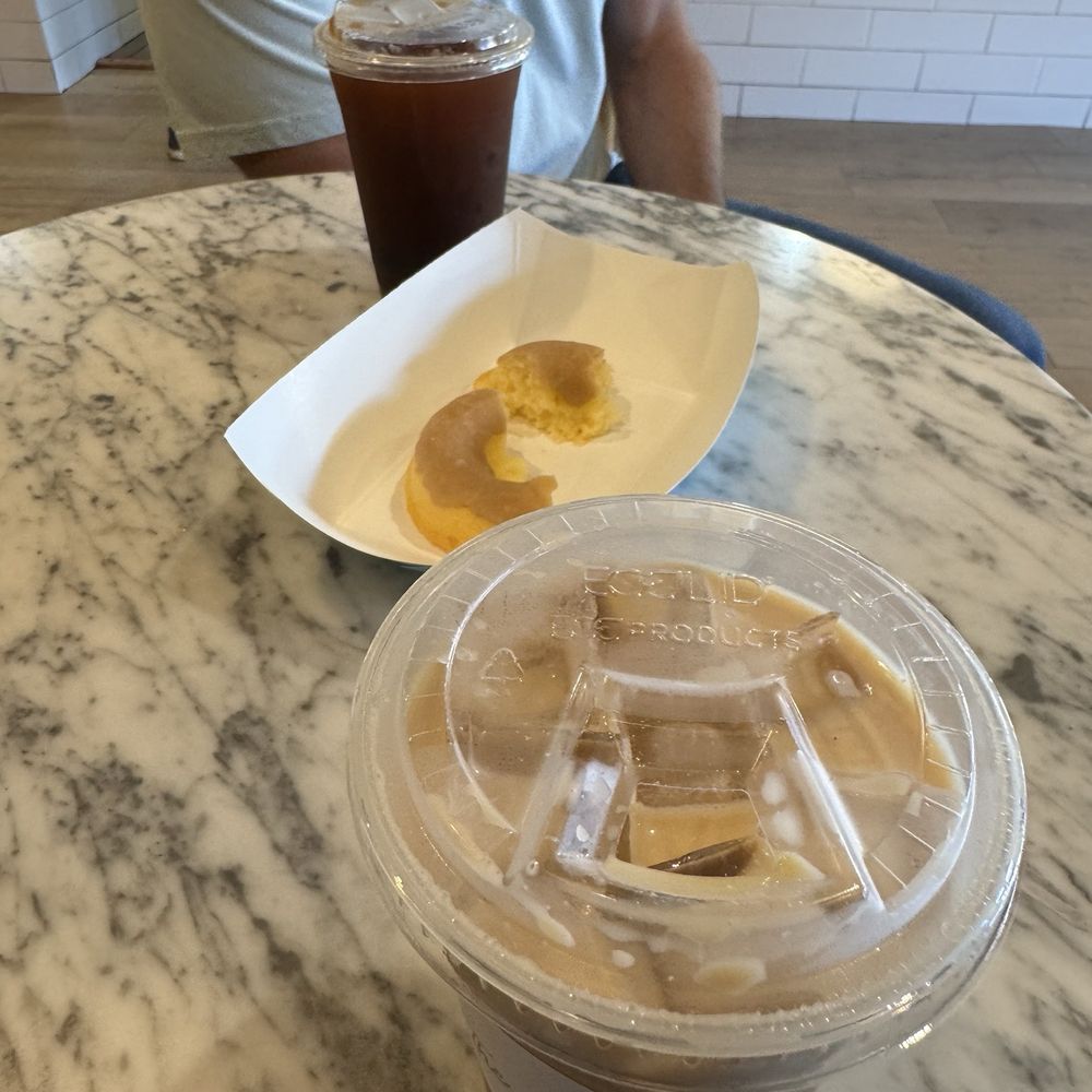The Goods - Gluten-free maple donut, decaf caramel latte and an americano - Donuts Near Me - Carlsbad, California