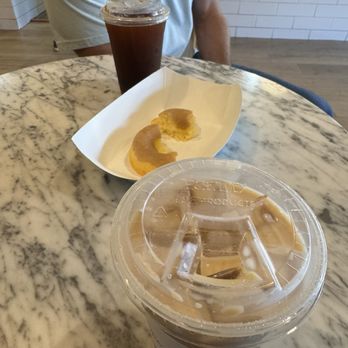 The Goods - Gluten-free maple donut, decaf caramel latte and an americano - Donuts Near Me - Carlsbad, California