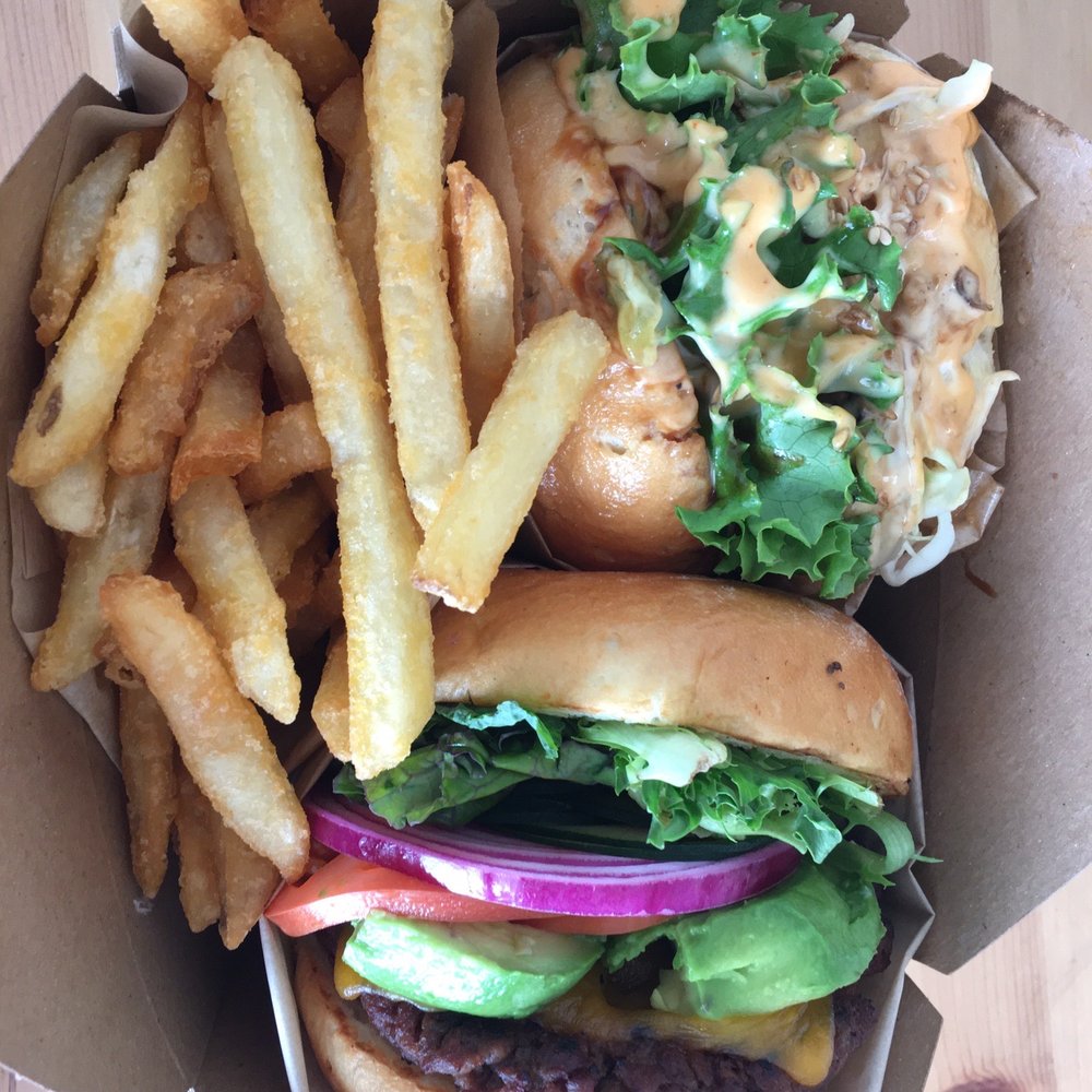 A+ Burger - Salmon (top) and Impossible (bottom) - Burgers Near Me - Oakland, California A+ Burger - Salmon (top) and Impossible (bottom) - Burgers Near Me - Oakland, California