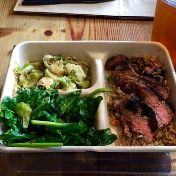 Dig Inn - Small steak with bulgar wheat, spinach and brussel sprouts, passion fruit tea! - New American Near Me - New York, New York Dig Inn - Small steak with bulgar wheat, spinach and brussel sprouts, passion fruit tea! - New American Near Me - New York, New York