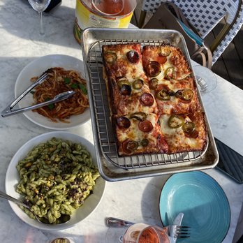 Gemelle - Bucatini amatriciana, gemelle with pesto, house pizza, and mimosa - Italian Near Me - Fort Worth, Texas Gemelle - Bucatini amatriciana, gemelle with pesto, house pizza, and mimosa - Italian Near Me - Fort Worth, Texas